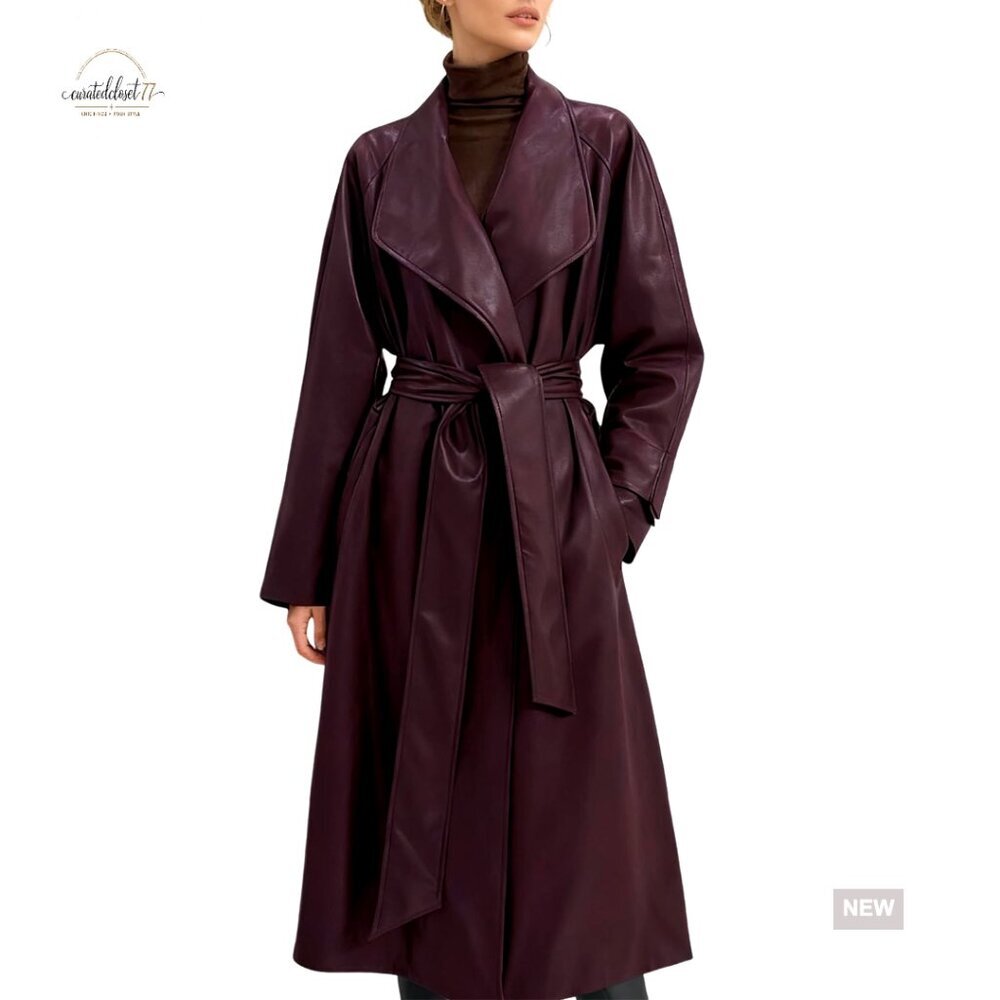Faux Leather Trench Coat Classic Lapel Belted Slim Fit Elegant Chic